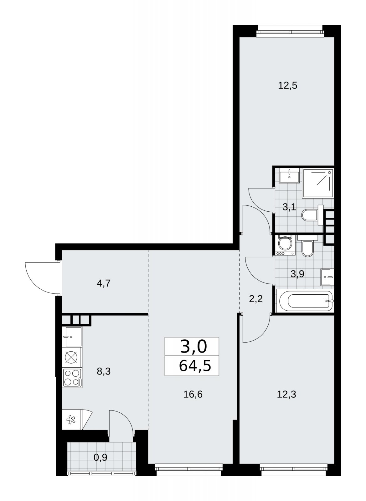 3-комнатная квартира (евро) без отделки, 64.5 м2, 8 этаж, сдача 1 квартал 2026 г., ЖК Дзен-кварталы, корпус 3.2 - объявление 2241637 - фото №1