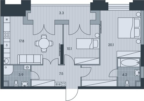 3-комнатная квартира без отделки, 66.9 м2, 34 этаж, сдача 3 квартал 2025 г., ЖК EVER, корпус 6 - объявление 2430655 - фото №1