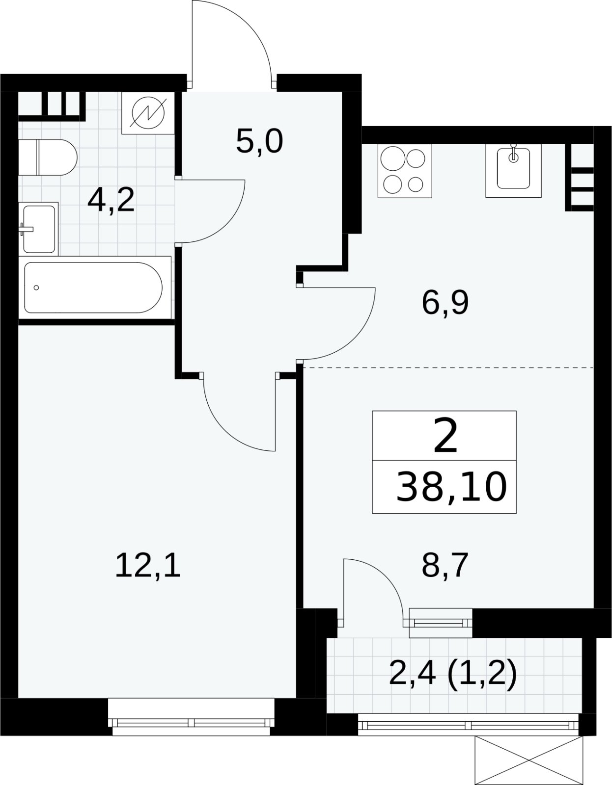 2-комнатная квартира без отделки, 38 м2, 8 этаж, сдача 1 квартал 2025 г., ЖК Прокшино, корпус 5.2.3 - объявление 2431485 - фото №1