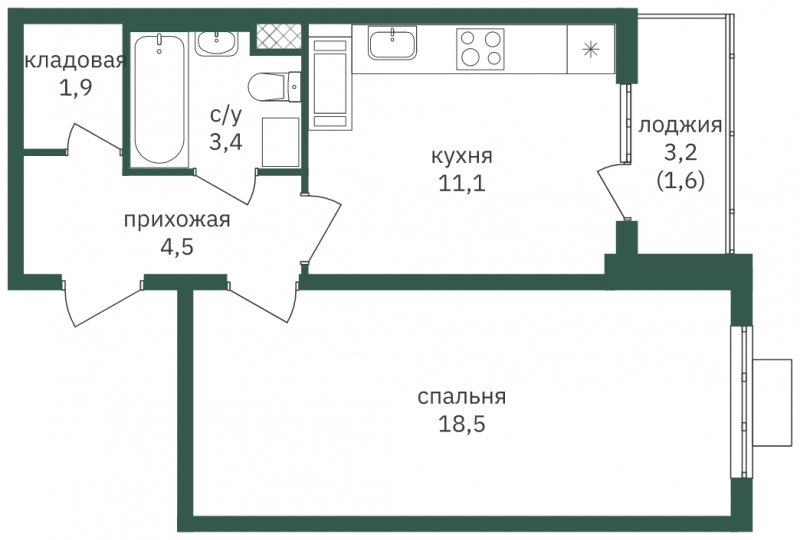 1-комнатная квартира с полной отделкой, 41 м2, 16 этаж, сдача 1 квартал 2023 г., ЖК Зеленая Вертикаль, корпус 5 - объявление 1968867 - фото №1