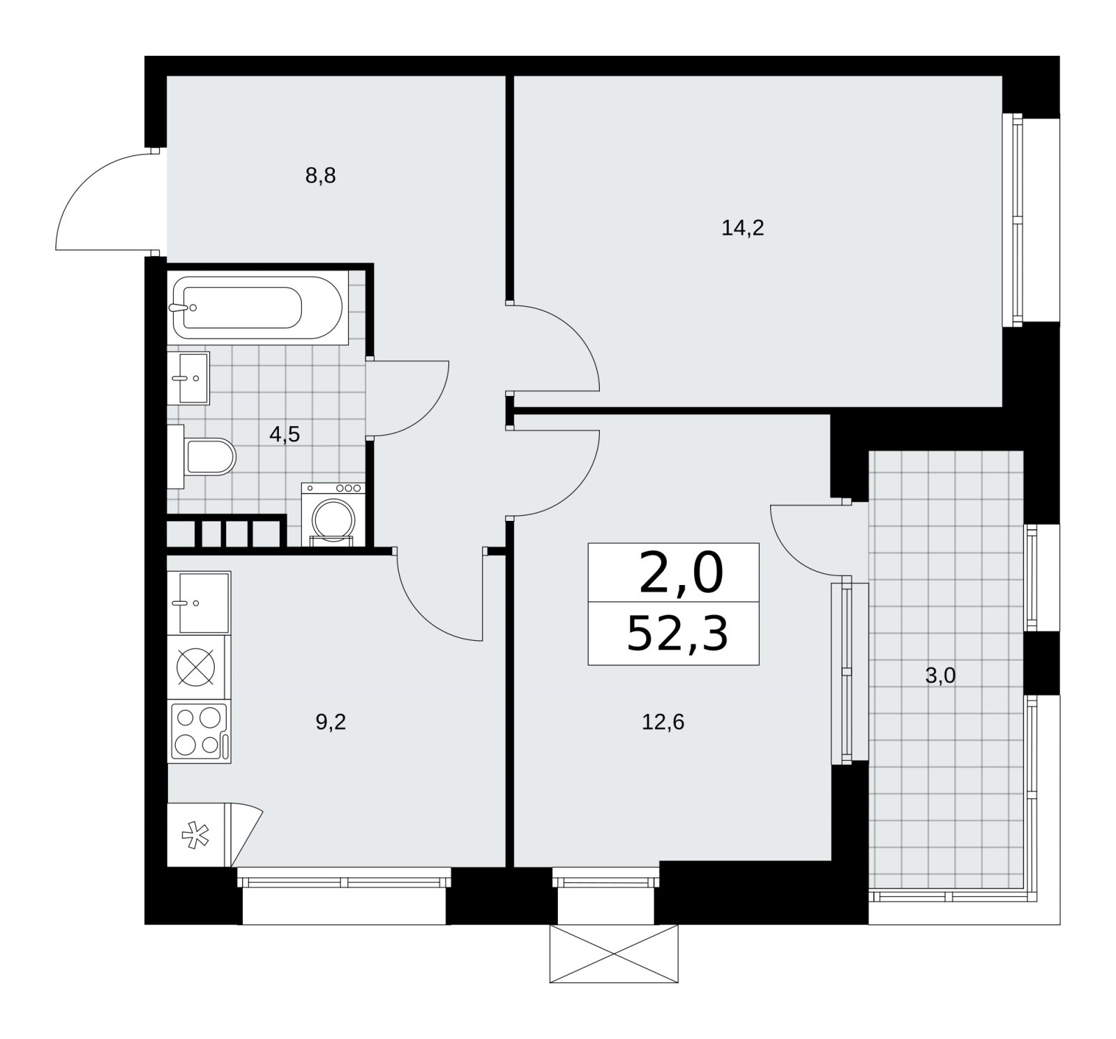 2-комнатная квартира без отделки, 52.3 м2, 6 этаж, сдача 4 квартал 2025 г., ЖК Бунинские кварталы, корпус 6.5 - объявление 2252783 - фото №1