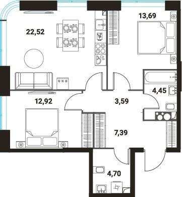 3-комнатная квартира без отделки, 69.26 м2, 14 этаж, сдача 1 квартал 2024 г., ЖК Инноватор, корпус А - объявление 2260399 - фото №1