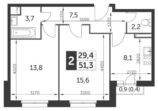 2-комнатная квартира без отделки, 51.3 м2, 11 этаж, дом сдан, ЖК Настроение, корпус 2 - объявление 1780782 - фото №1