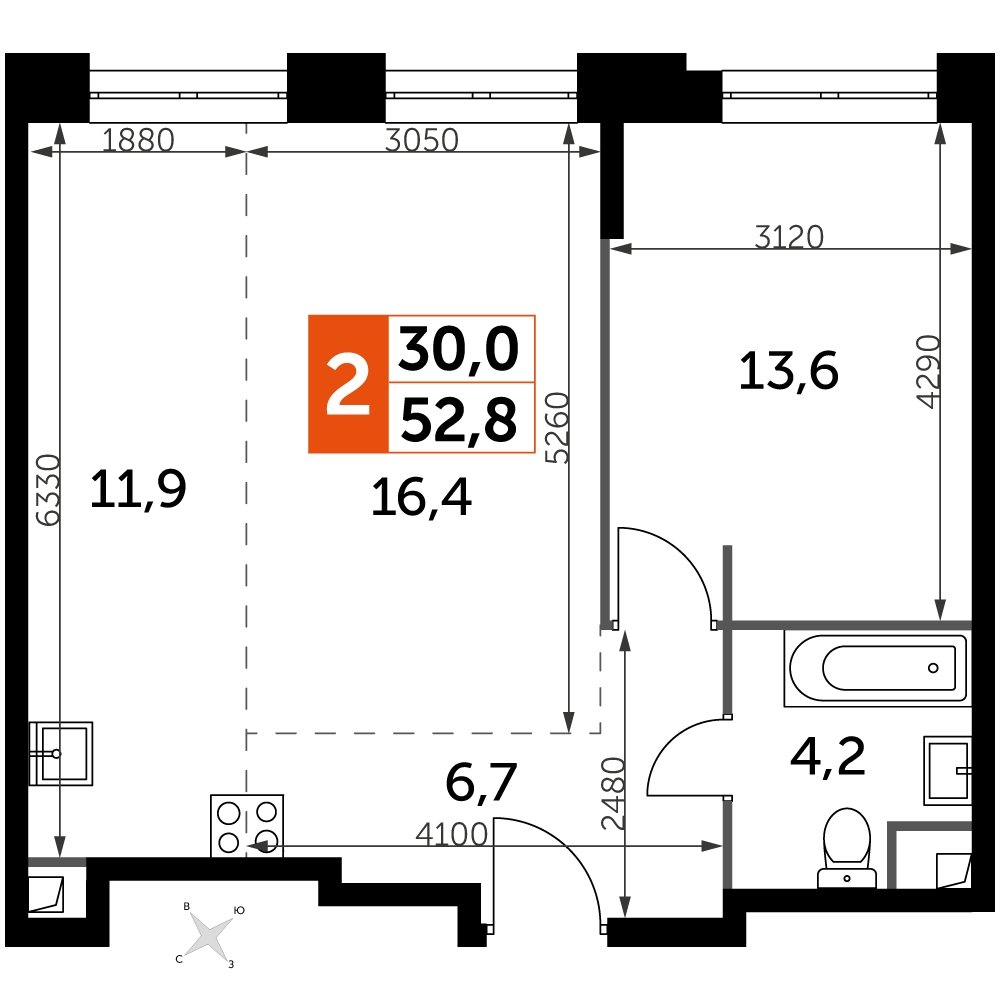 2-комнатная квартира с частичной отделкой, 52.8 м2, 18 этаж, дом сдан, ЖК Sydney City, корпус 2 - объявление 2212343 - фото №1