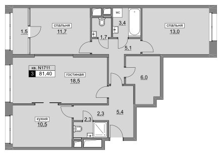 3-комнатная квартира без отделки, 81.4 м2, 11 этаж, сдача 4 квартал 2022 г., ЖК Румянцево-Парк, корпус 3 - объявление 1187705 - фото №1