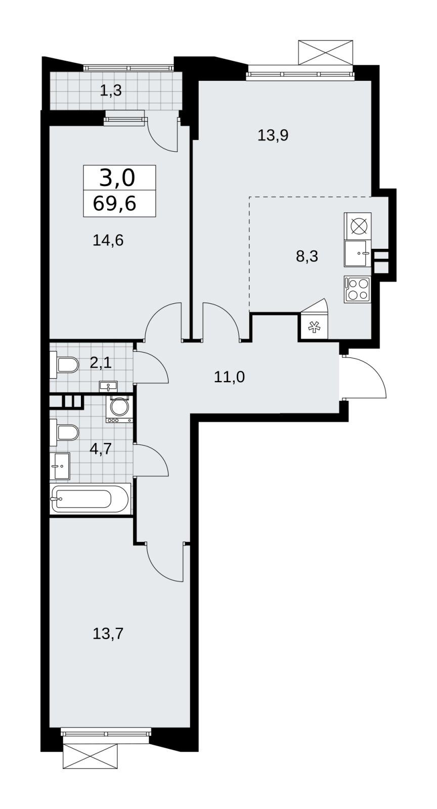 3-комнатная квартира (евро) с частичной отделкой, 69.6 м2, 3 этаж, сдача 1 квартал 2026 г., ЖК Бунинские кварталы, корпус 6.2 - объявление 2252577 - фото №1