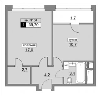 1-комнатная квартира без отделки, 39.7 м2, 14 этаж, сдача 4 квартал 2022 г., ЖК Румянцево-Парк, корпус 3 - объявление 1186931 - фото №1