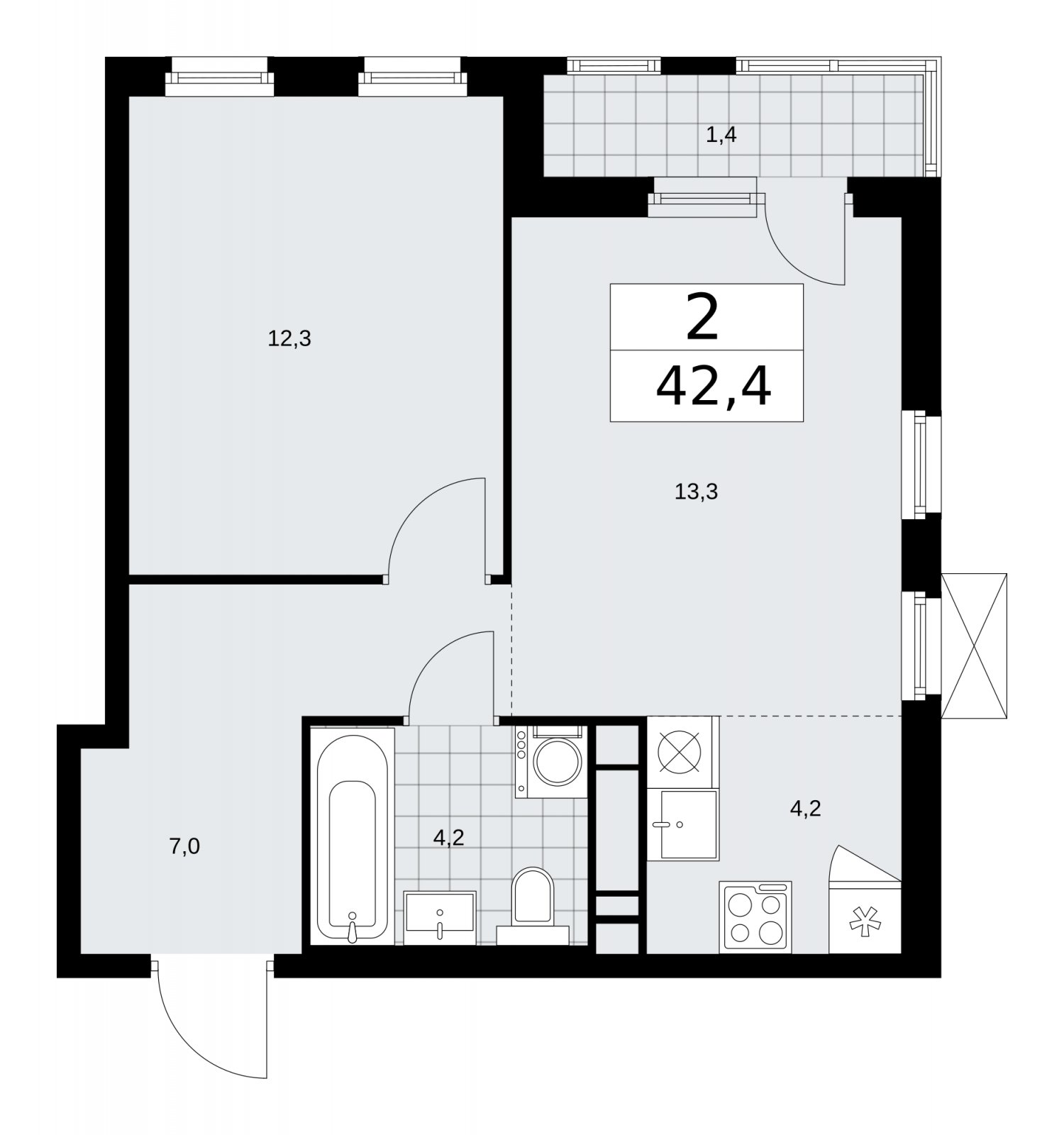 2-комнатная квартира (евро) без отделки, 42.4 м2, 14 этаж, сдача 4 квартал 2025 г., ЖК Прокшино, корпус 11.1.4 - объявление 2257845 - фото №1
