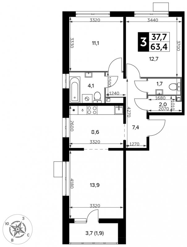 3-комнатная квартира с частичной отделкой, 63.4 м2, 20 этаж, сдача 3 квартал 2023 г., ЖК Южная Битца, корпус 11 - объявление 1771580 - фото №1