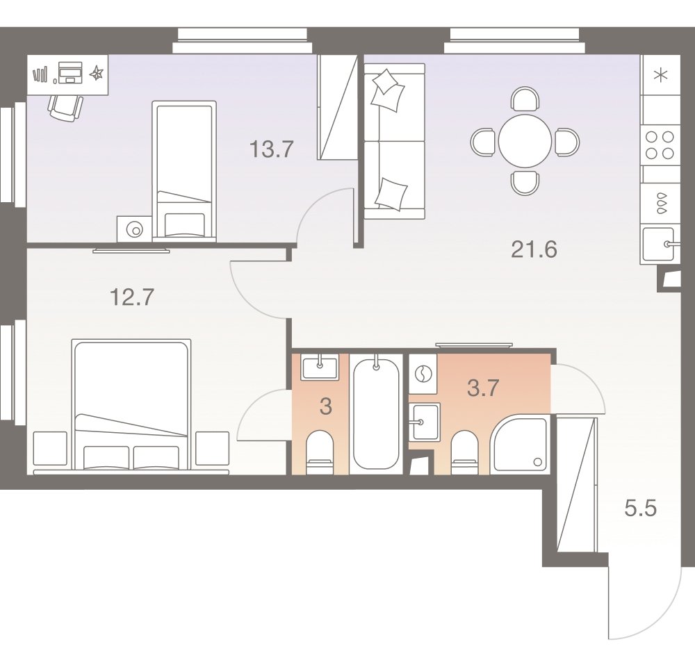 3-комнатная квартира без отделки, 60.2 м2, 5 этаж, сдача 1 квартал 2026 г., ЖК Twelve, корпус 2 - объявление 2331877 - фото №1
