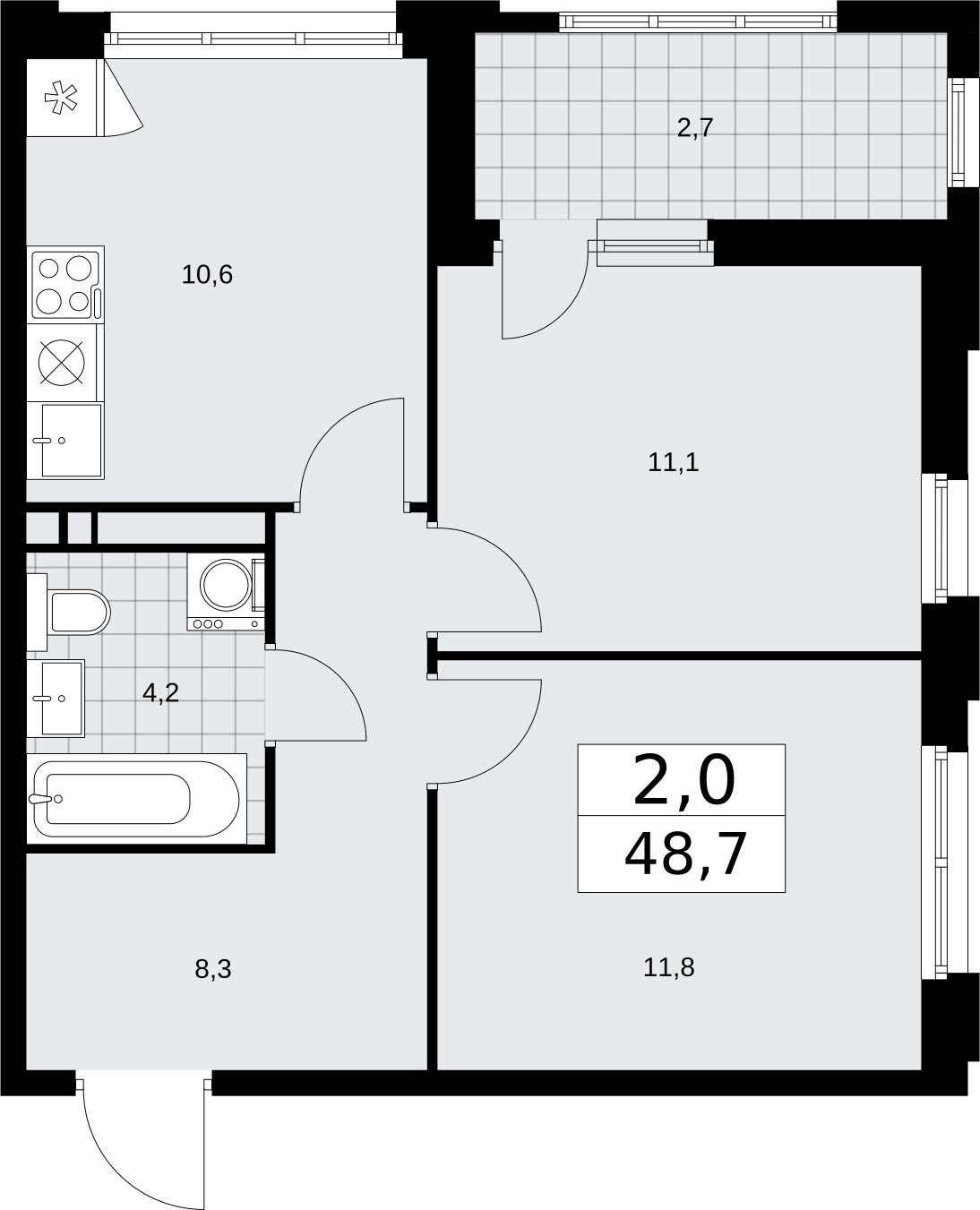 2-комнатная квартира с частичной отделкой, 48.7 м2, 4 этаж, сдача 2 квартал 2026 г., ЖК Дзен-кварталы, корпус 3.3 - объявление 2400245 - фото №1