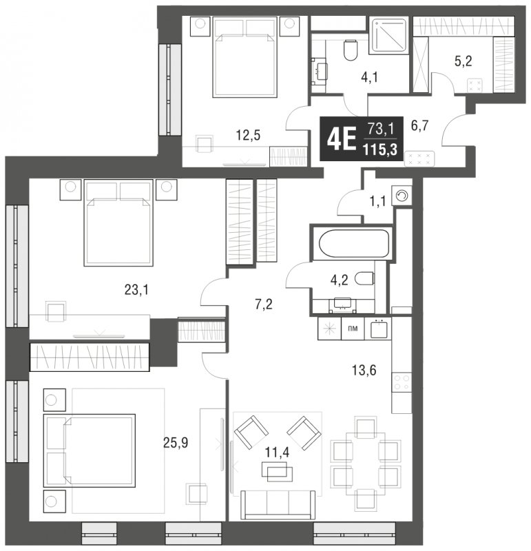 4-комнатная квартира (евро) с частичной отделкой, 115.3 м2, 28 этаж, сдача 2 квартал 2024 г., ЖК AFI Tower, корпус 1 - объявление 1930837 - фото №1
