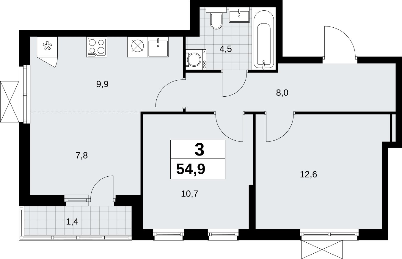 3-комнатная квартира (евро) без отделки, 54.9 м2, 5 этаж, сдача 2 квартал 2026 г., ЖК Дзен-кварталы, корпус 6.1.1 - объявление 2326957 - фото №1
