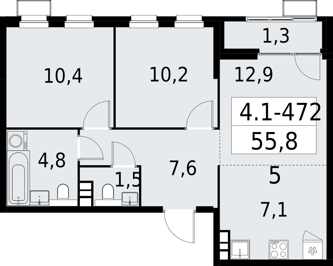 3-комнатная квартира (евро) с полной отделкой, 55.8 м2, 11 этаж, сдача 2 квартал 2027 г., ЖК Южные сады, корпус 4.1.2 - объявление 2392977 - фото №1