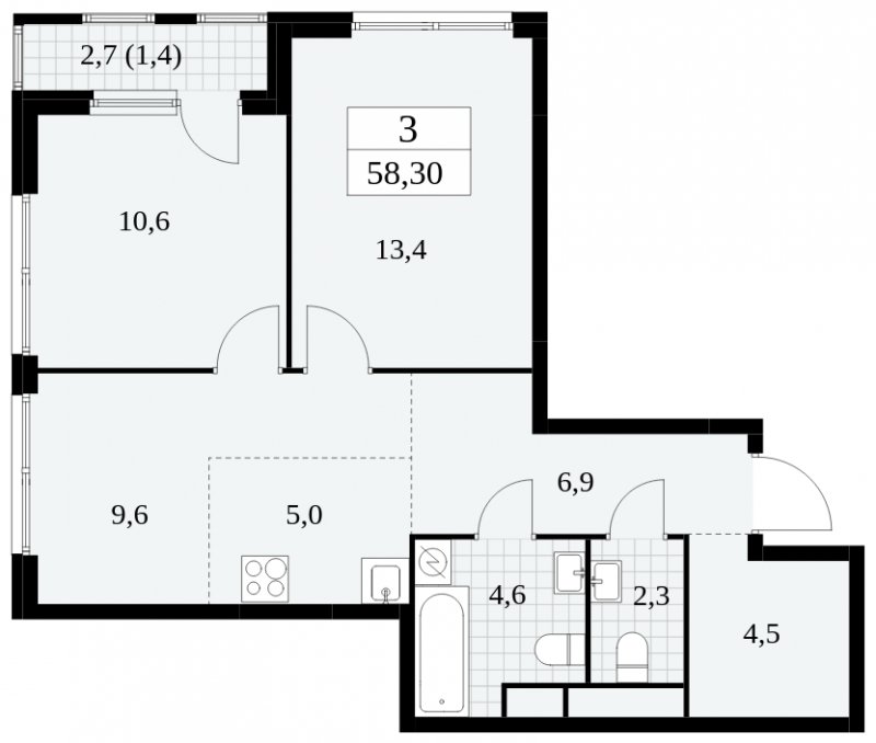 3-комнатная квартира (евро) с частичной отделкой, 58.3 м2, 27 этаж, сдача 2 квартал 2025 г., ЖК Южные сады, корпус 2.2 - объявление 1757659 - фото №1