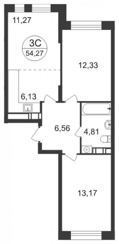 3-комнатная квартира с полной отделкой, 54.27 м2, 12 этаж, сдача 3 квартал 2023 г., ЖК Люберцы, корпус 66 - объявление 1598001 - фото №1