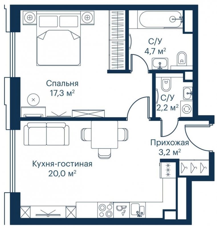 1-комнатная квартира с частичной отделкой, 47.71 м2, 7 этаж, сдача 2 квартал 2023 г., ЖК City Bay, корпус Indian Ocean 7 - объявление 1671432 - фото №1