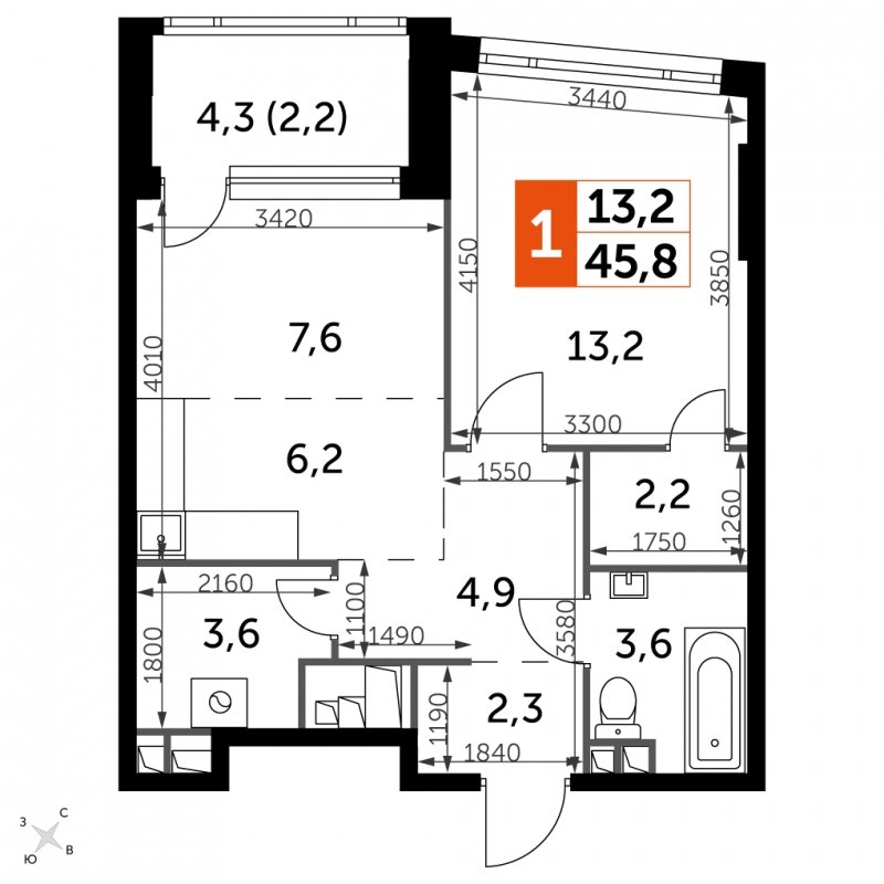 1-комнатная квартира с частичной отделкой, 45.8 м2, 27 этаж, сдача 4 квартал 2024 г., ЖК ROTTERDAM, корпус 2.1 - объявление 1954410 - фото №1
