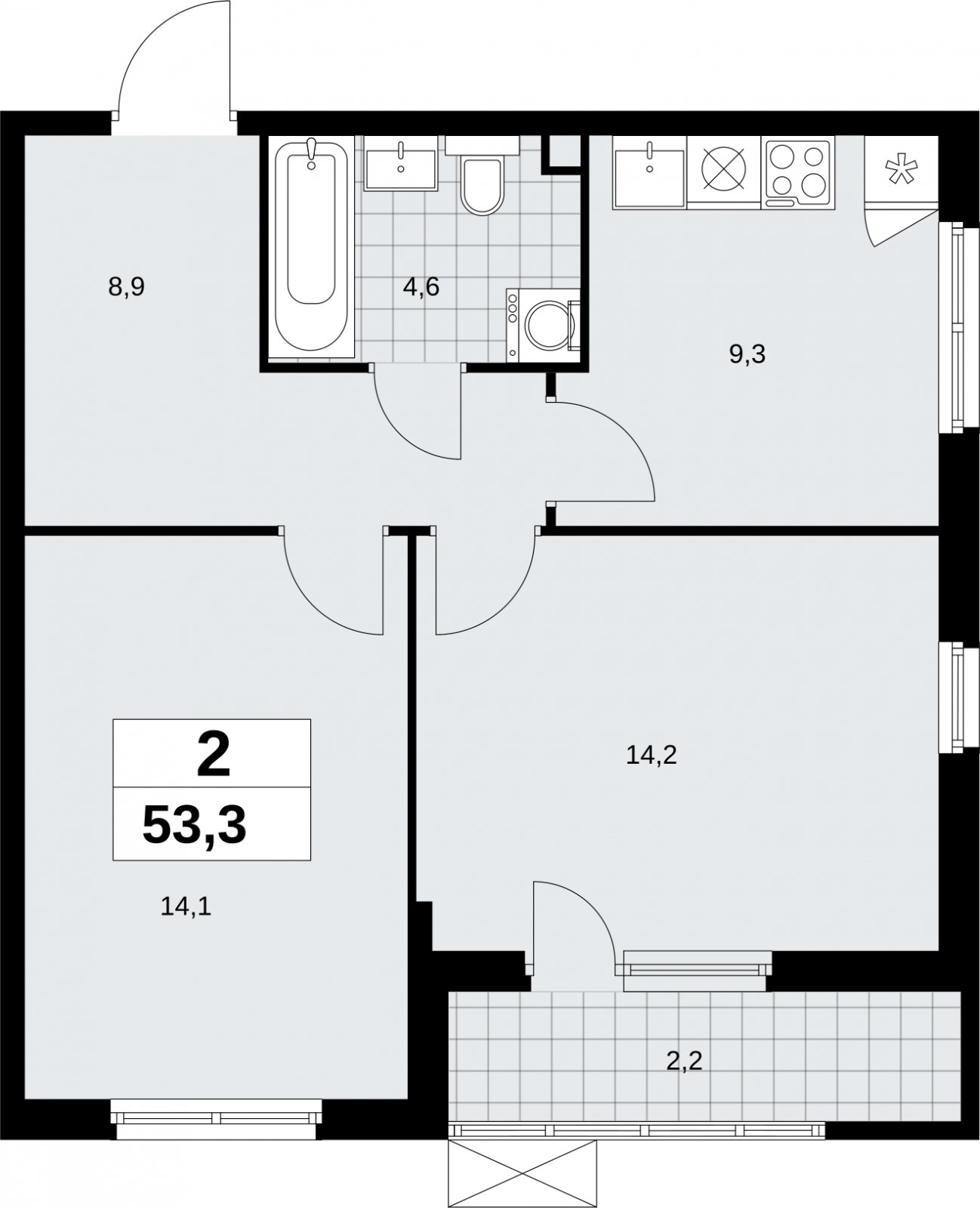 2-комнатная квартира без отделки, 53.3 м2, 2 этаж, сдача 2 квартал 2026 г., ЖК Дзен-кварталы, корпус 6.1.2 - объявление 2327211 - фото №1