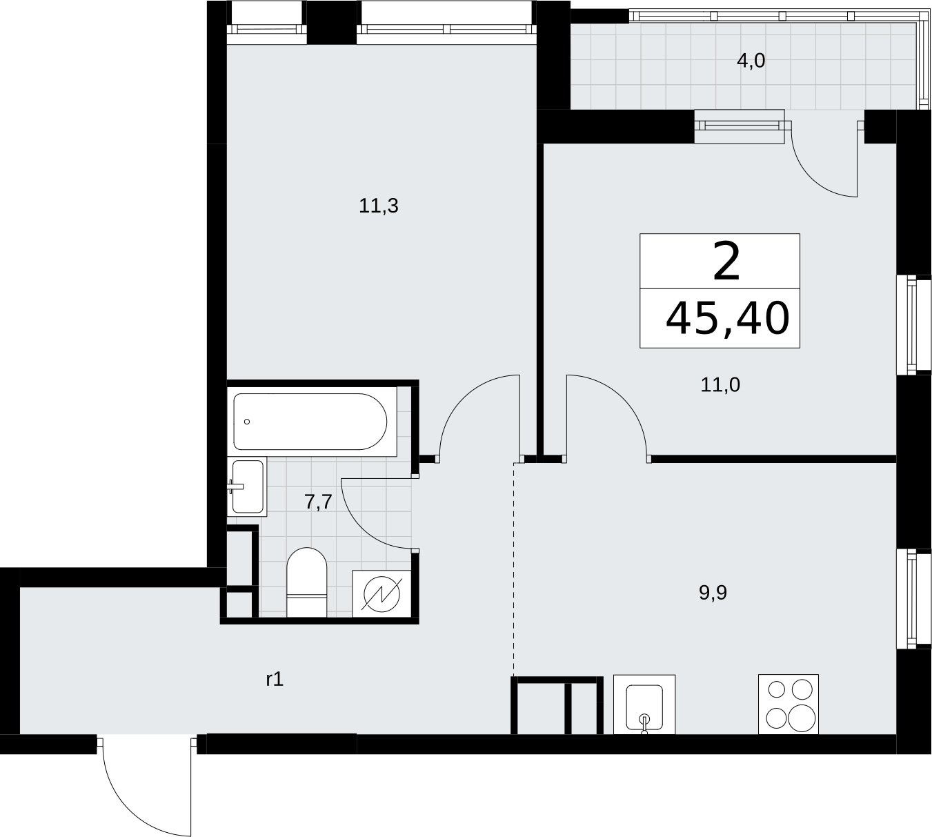 2-комнатная квартира с полной отделкой, 45.4 м2, 4 этаж, сдача 4 квартал 2026 г., ЖК Родные кварталы, корпус 1.2 - объявление 2318178 - фото №1