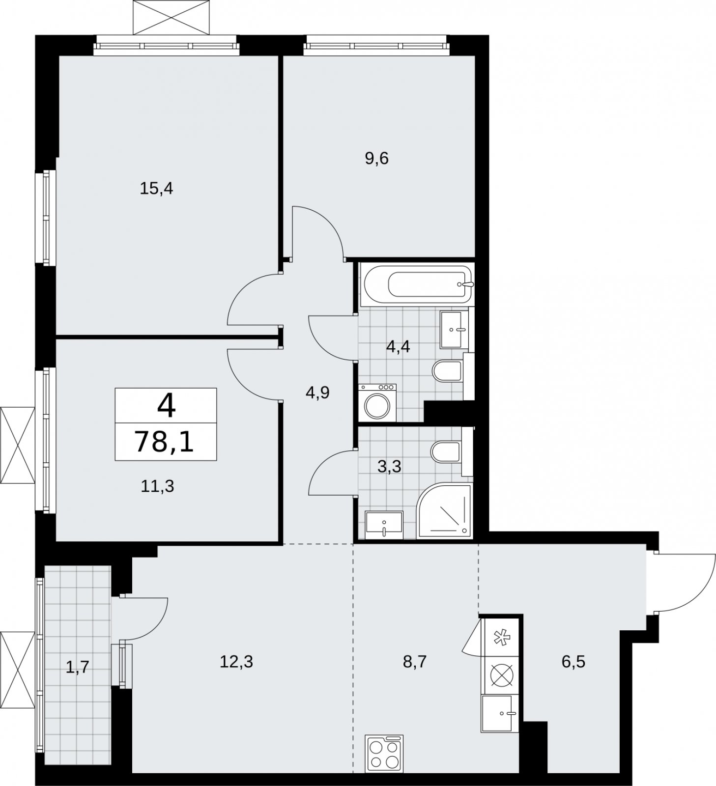 4-комнатная квартира (евро) с полной отделкой, 78.1 м2, 12 этаж, сдача 2 квартал 2026 г., ЖК Бунинские кварталы, корпус 7.2 - объявление 2319786 - фото №1