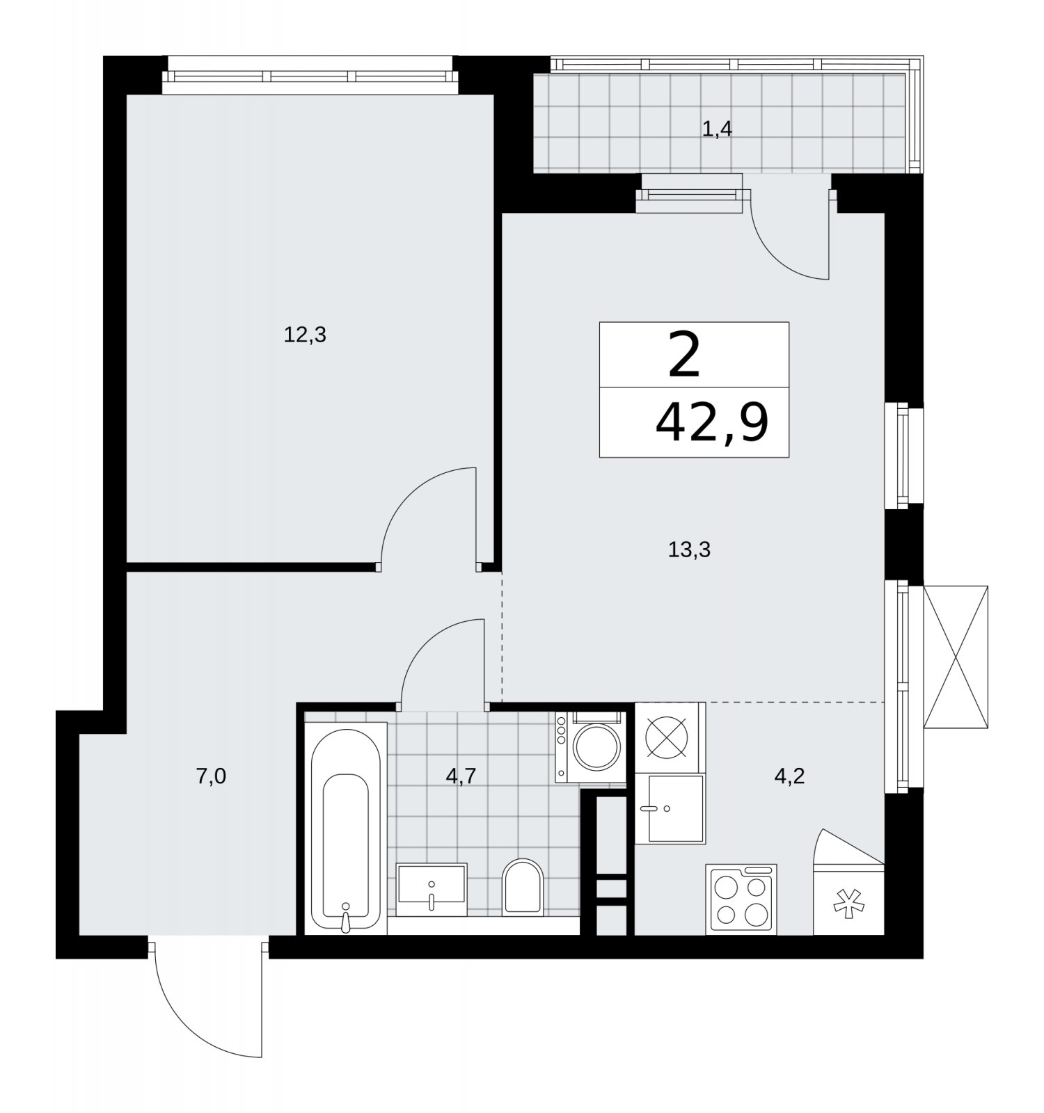 2-комнатная квартира (евро) с частичной отделкой, 42.9 м2, 5 этаж, сдача 2 квартал 2026 г., ЖК Прокшино, корпус 11.2.3 - объявление 2270583 - фото №1
