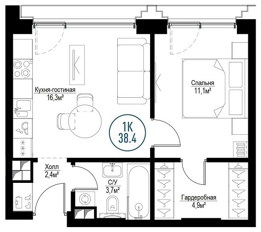 1-комнатная квартира с частичной отделкой, 38.4 м2, 2 этаж, сдача 3 квартал 2024 г., ЖК Метрополия, корпус Amsterdam - объявление 1786463 - фото №1