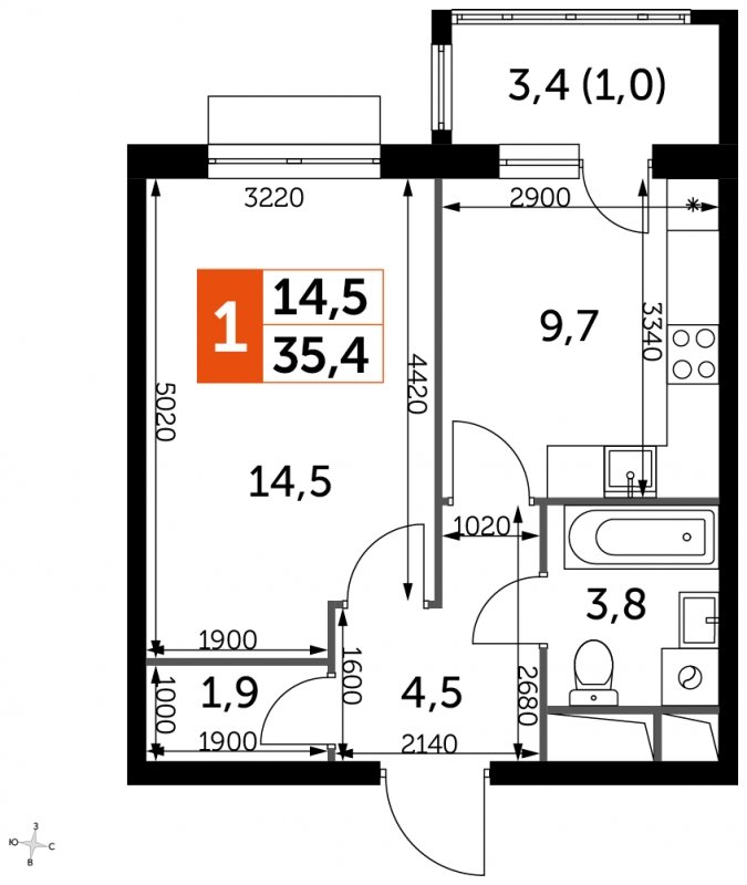 1-комнатная квартира с частичной отделкой, 35.4 м2, 13 этаж, сдача 3 квартал 2023 г., ЖК UP-квартал Римский, корпус 7 - объявление 1710735 - фото №1