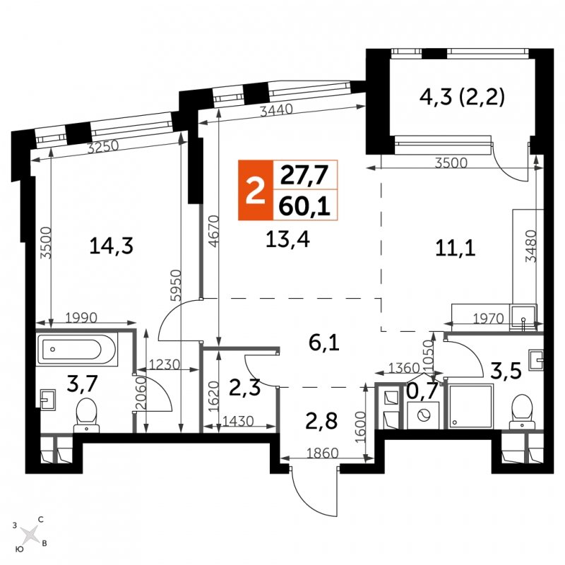2-комнатная квартира с частичной отделкой, 60.1 м2, 8 этаж, сдача 4 квартал 2024 г., ЖК ROTTERDAM, корпус 2.1 - объявление 1954419 - фото №1