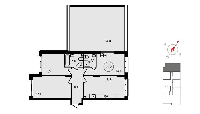 3-комнатная квартира с частичной отделкой, 92.7 м2, 2 этаж, сдача 3 квартал 2024 г., ЖК Скандинавия, корпус 2.22.3 - объявление 1625544 - фото №1