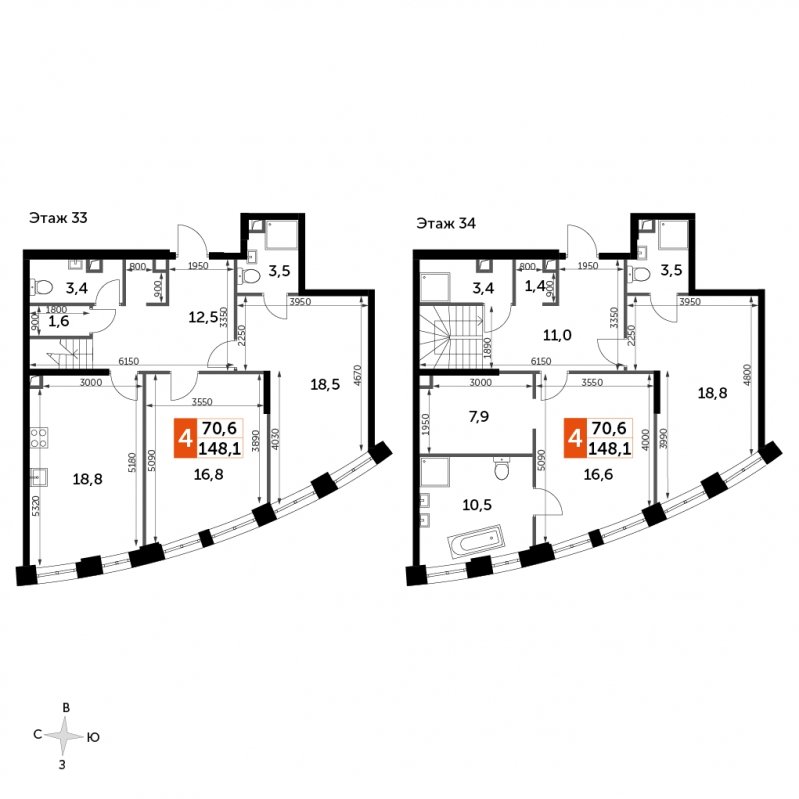 4-комнатная квартира без отделки, 148.1 м2, 33 этаж, сдача 3 квартал 2024 г., ЖК Sydney City, корпус 2.2 - объявление 1710699 - фото №1