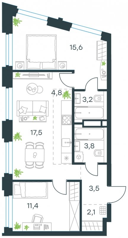 3-комнатная квартира с частичной отделкой, 61.9 м2, 21 этаж, сдача 4 квартал 2023 г., ЖК Level Нагатинская, корпус В - объявление 1807536 - фото №1