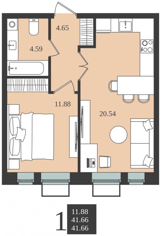 1-комнатная квартира без отделки, 41.66 м2, 2 этаж, сдача 1 квартал 2024 г., ЖК Мишино-2, корпус 10 - объявление 1748231 - фото №1
