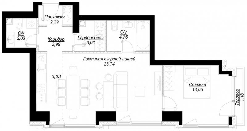 1-комнатная квартира с частичной отделкой, 59.4 м2, 5 этаж, дом сдан, ЖК Hide, корпус RiverSide - объявление 1707060 - фото №1