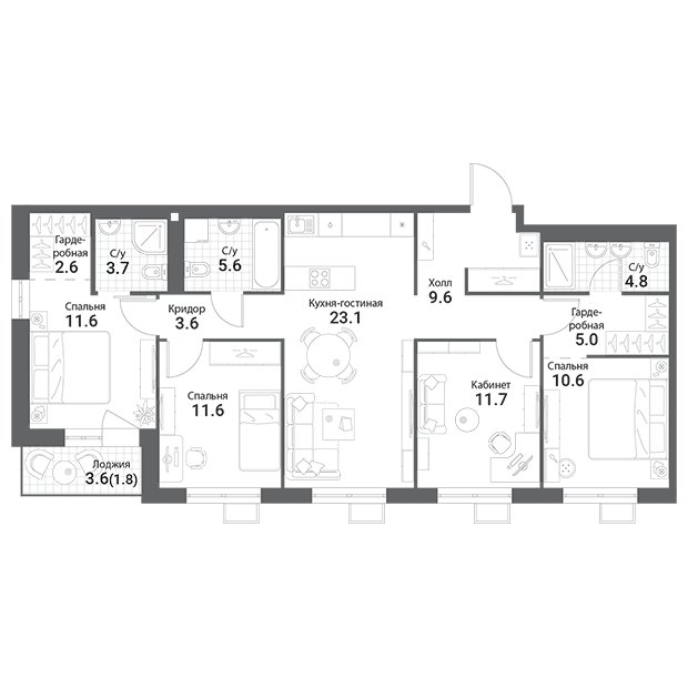 4-комнатная квартира без отделки, 105.3 м2, 4 этаж, сдача 1 квартал 2023 г., ЖК Nagatino i-Land, корпус Б - объявление 1785256 - фото №1