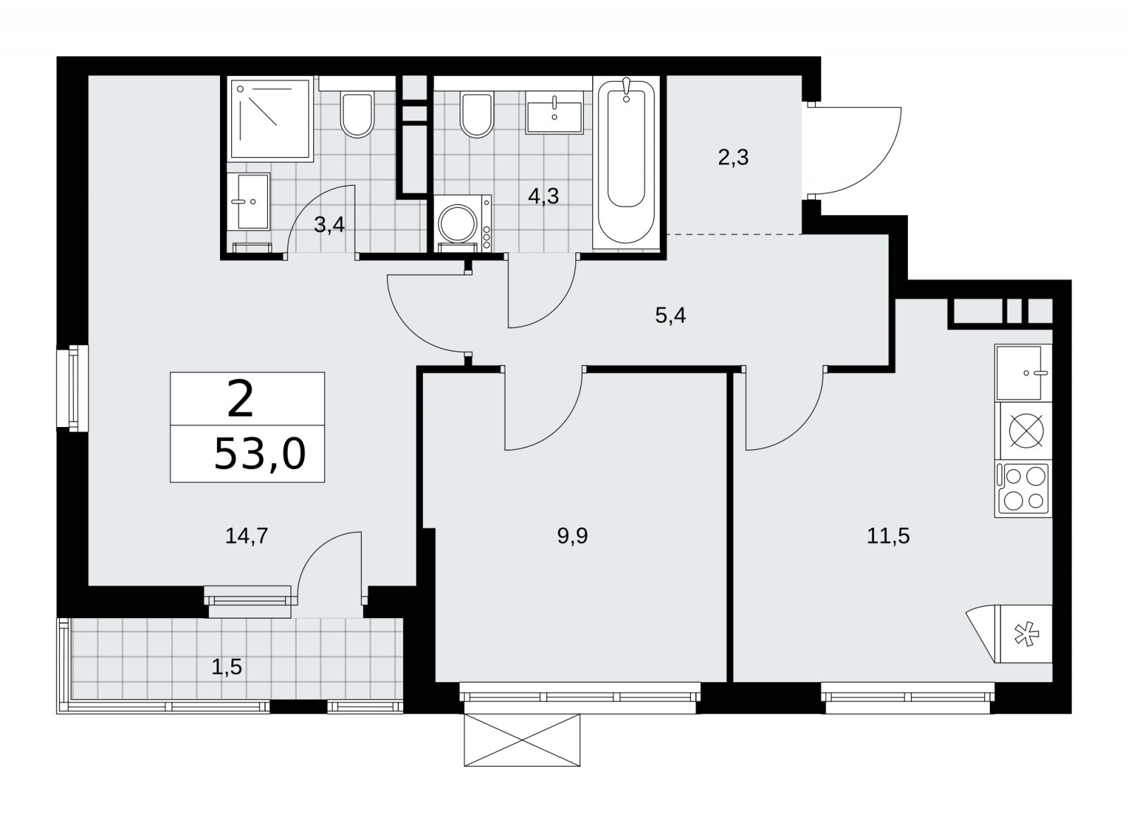 2-комнатная квартира без отделки, 53 м2, 8 этаж, сдача 1 квартал 2026 г., ЖК Прокшино, корпус 11.2.1 - объявление 2269798 - фото №1
