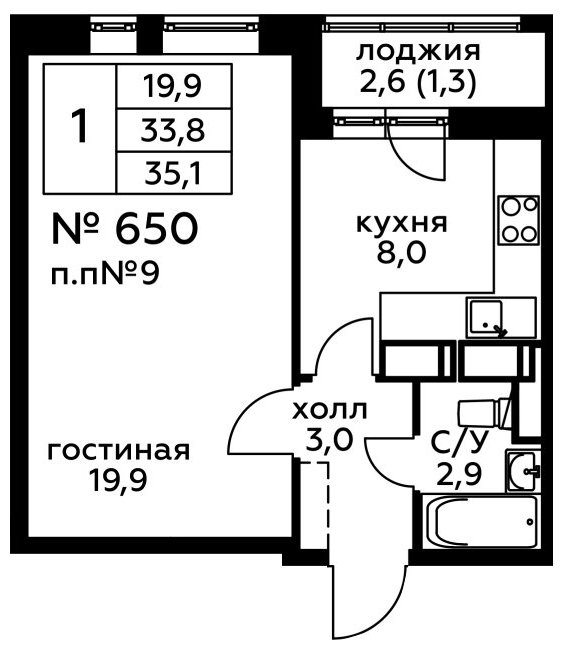 1-комнатная квартира с частичной отделкой, 35.1 м2, 20 этаж, сдача 2 квартал 2022 г., ЖК Новоград Павлино, корпус 20 - объявление 1250007 - фото №1