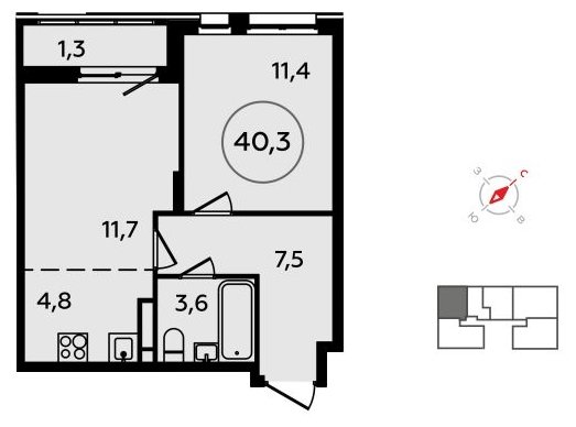 2-комнатная квартира (евро) без отделки, 40.3 м2, 13 этаж, сдача 4 квартал 2023 г., ЖК Скандинавия, корпус 2.15 - объявление 1517199 - фото №1