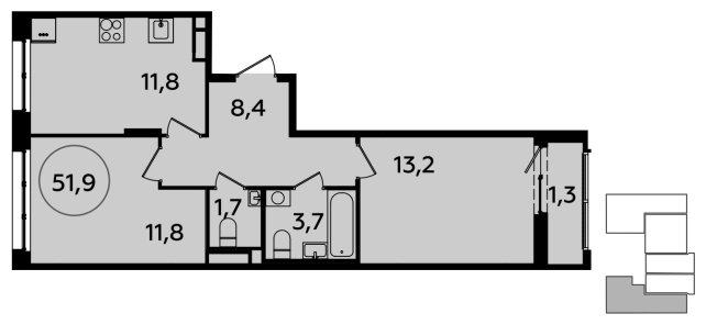 2-комнатная квартира с полной отделкой, 51.9 м2, 11 этаж, сдача 2 квартал 2024 г., ЖК Испанские кварталы, корпус 8.1 - объявление 1633489 - фото №1