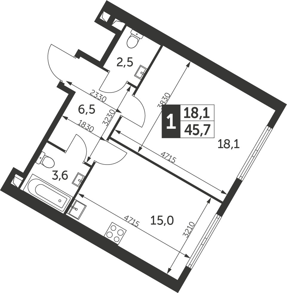 1-комнатная квартира с частичной отделкой, 45.7 м2, 7 этаж, дом сдан, ЖК Архитектор, корпус 1 - объявление 2374934 - фото №1