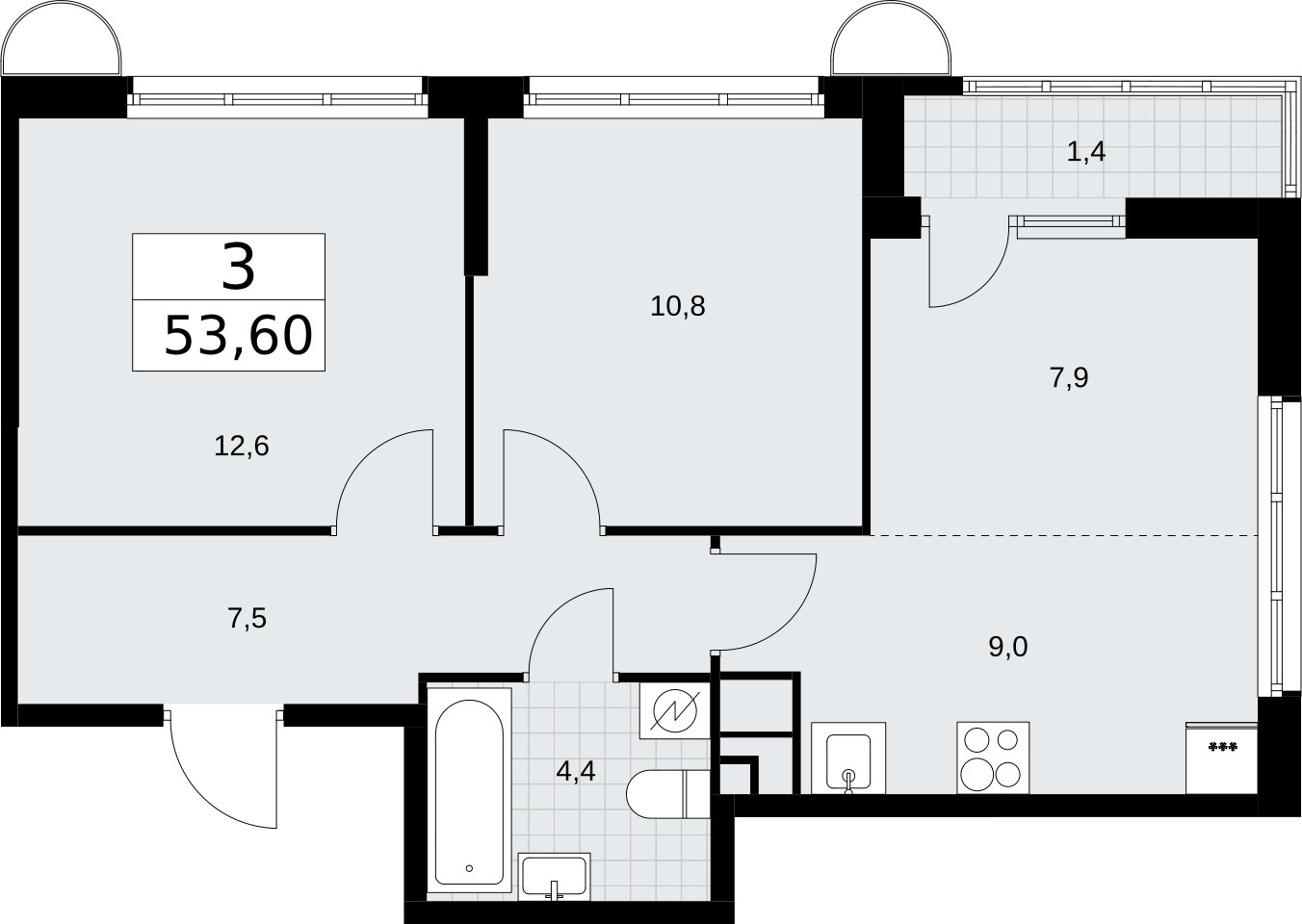 3-комнатная квартира (евро) с полной отделкой, 53.6 м2, 10 этаж, сдача 4 квартал 2026 г., ЖК Родные кварталы, корпус 3.2 - объявление 2378402 - фото №1