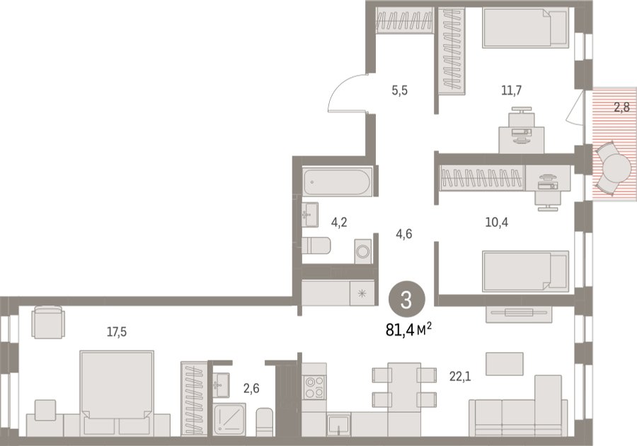 3-комнатная квартира с частичной отделкой, 81.43 м2, 4 этаж, сдача 1 квартал 2025 г., ЖК Первый квартал, корпус Дом 5 - объявление 2299370 - фото №1