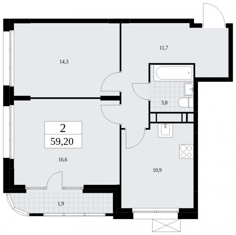 2-комнатная квартира с частичной отделкой, 59.2 м2, 14 этаж, сдача 4 квартал 2024 г., ЖК Скандинавия, корпус 35.1.2 - объявление 1779533 - фото №1