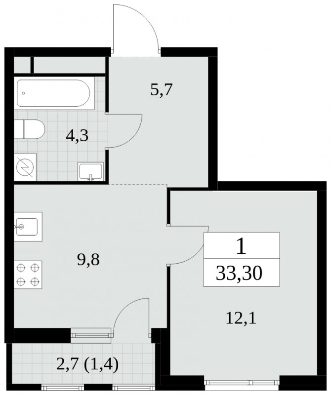 1-комнатная квартира без отделки, 33.3 м2, 5 этаж, сдача 2 квартал 2025 г., ЖК Южные сады, корпус 2.4 - объявление 1760195 - фото №1