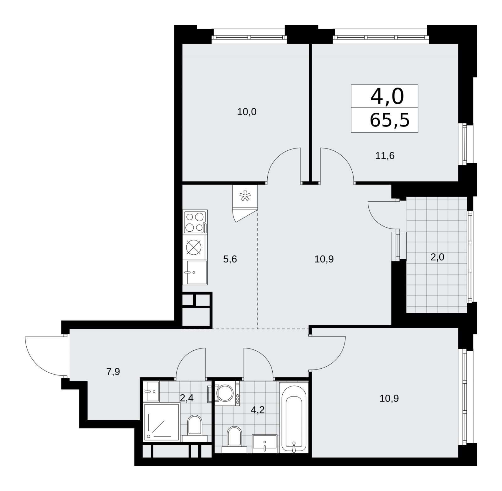 4-комнатная квартира (евро) с частичной отделкой, 65.5 м2, 16 этаж, сдача 2 квартал 2026 г., ЖК Дзен-кварталы, корпус 3.5 - объявление 2242582 - фото №1