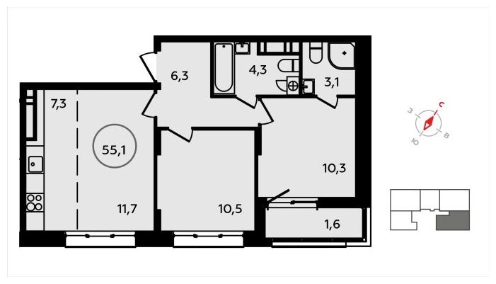 3-комнатная квартира (евро) без отделки, 55.1 м2, 13 этаж, сдача 3 квартал 2024 г., ЖК Скандинавия, корпус 2.22.2 - объявление 1625409 - фото №1