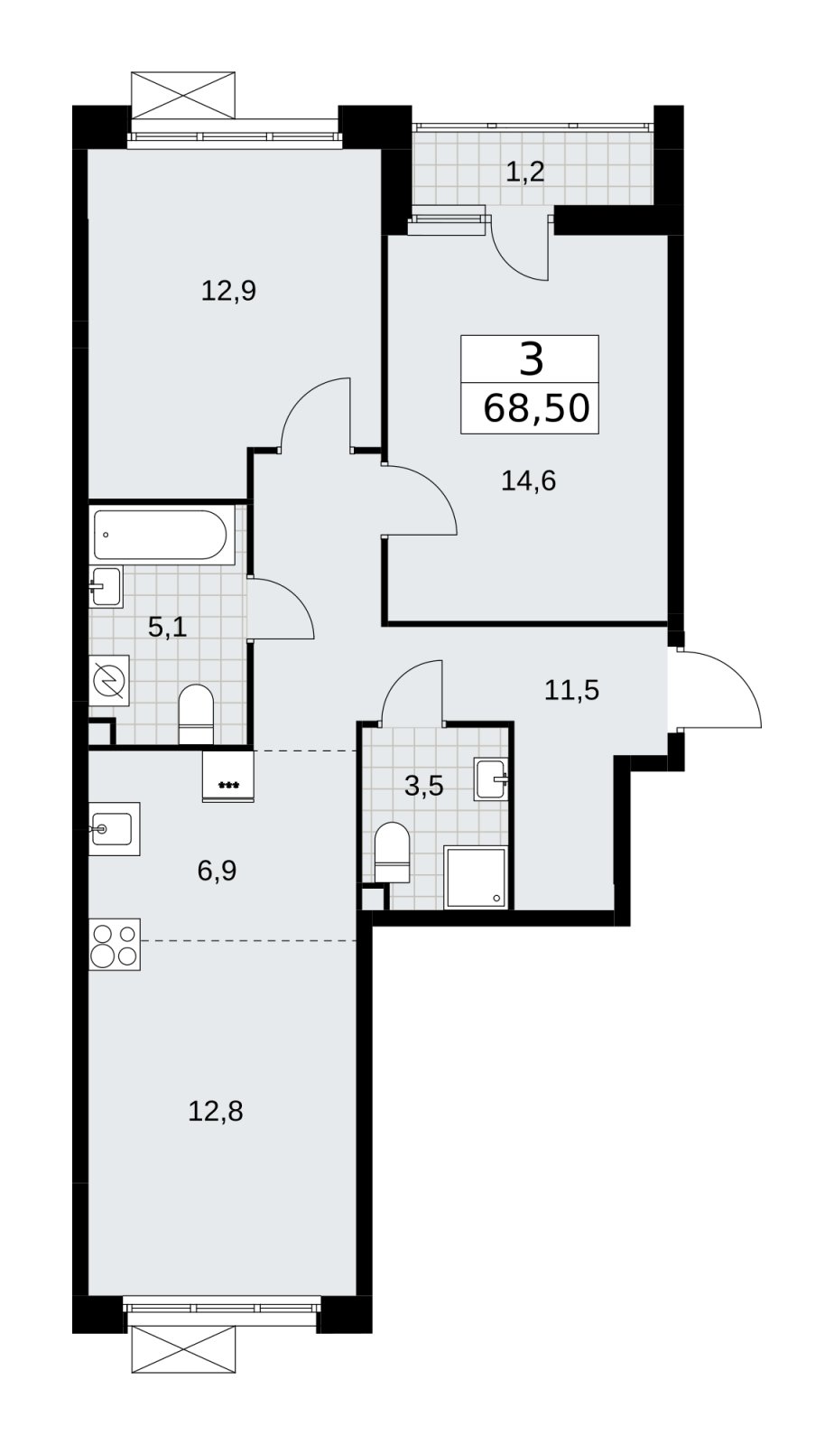 3-комнатная квартира (евро) с частичной отделкой, 68.5 м2, 2 этаж, сдача 4 квартал 2025 г., ЖК Скандинавия, корпус 28.4 - объявление 2202729 - фото №1