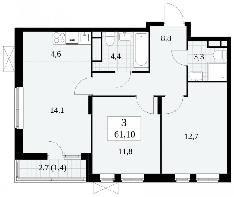 3-комнатная квартира (евро) с частичной отделкой, 61.1 м2, 11 этаж, сдача 3 квартал 2024 г., ЖК Прокшино, корпус 8.2 - объявление 1683862 - фото №1