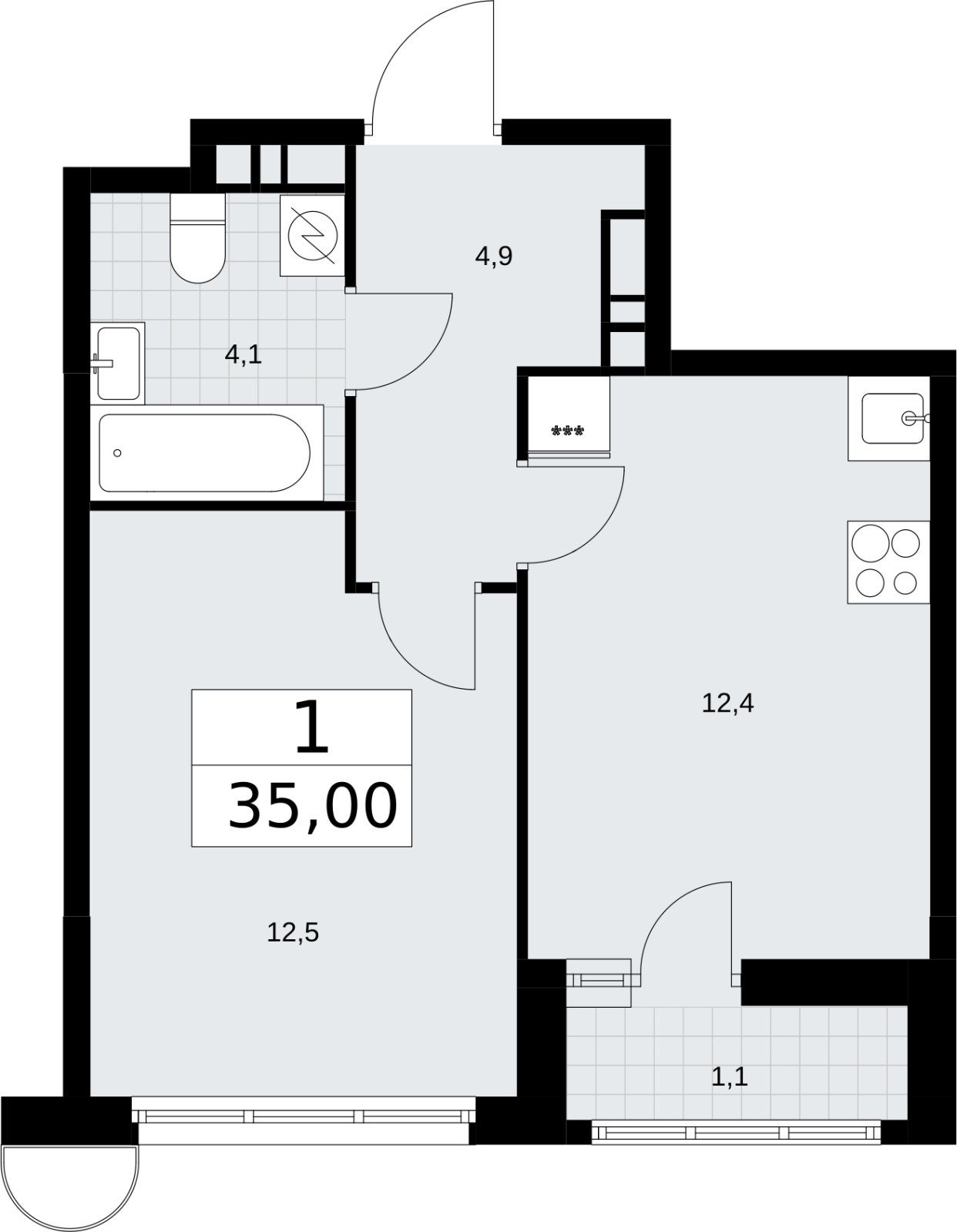1-комнатная квартира без отделки, 35 м2, 7 этаж, сдача 3 квартал 2026 г., ЖК Родные кварталы, корпус 3.1 - объявление 2378202 - фото №1