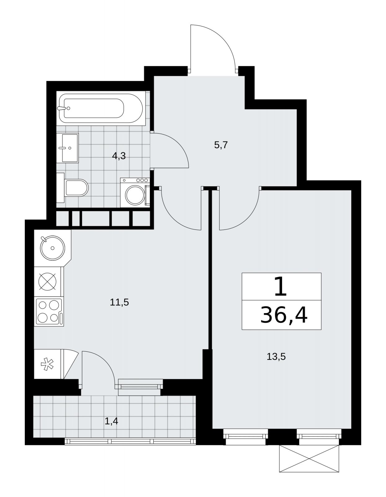 1-комнатная квартира без отделки, 36.4 м2, 9 этаж, сдача 4 квартал 2025 г., ЖК Прокшино, корпус 11.1.4 - объявление 2257542 - фото №1